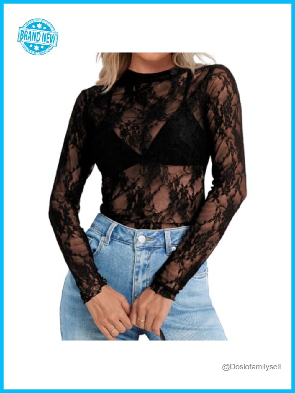 Elesomo Womens Mesh Lace Long Sleeve Top Sheer Mock Neck Blouse